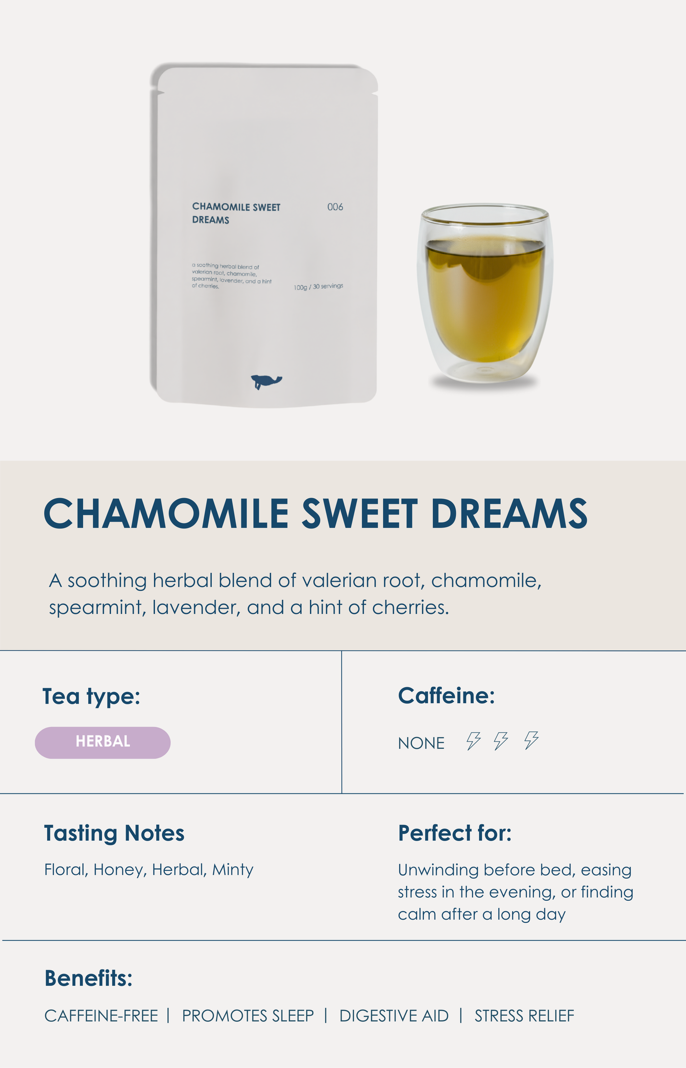 Marna Chamomile Sweet Dreams loose-leaf herbal tea for bedtime.