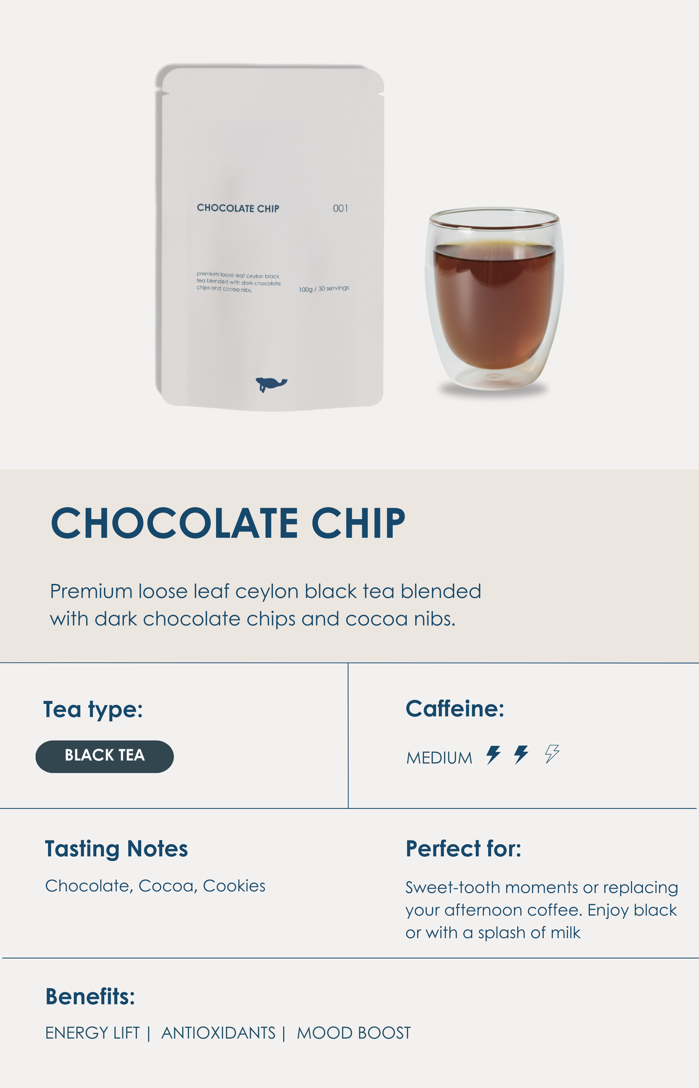 Marna Chocolate Chip loose-leaf blend with cocoa notes.