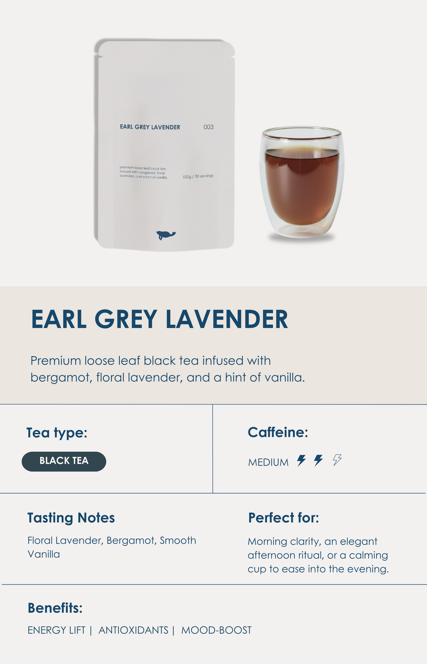 Marna Earl Grey Lavender loose-leaf black tea with bergamot and lavender.