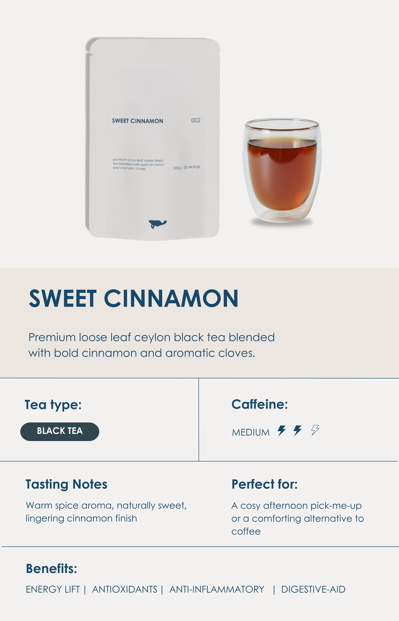 Marna Sweet Cinnamon loose-leaf tea blend with warm cinnamon.