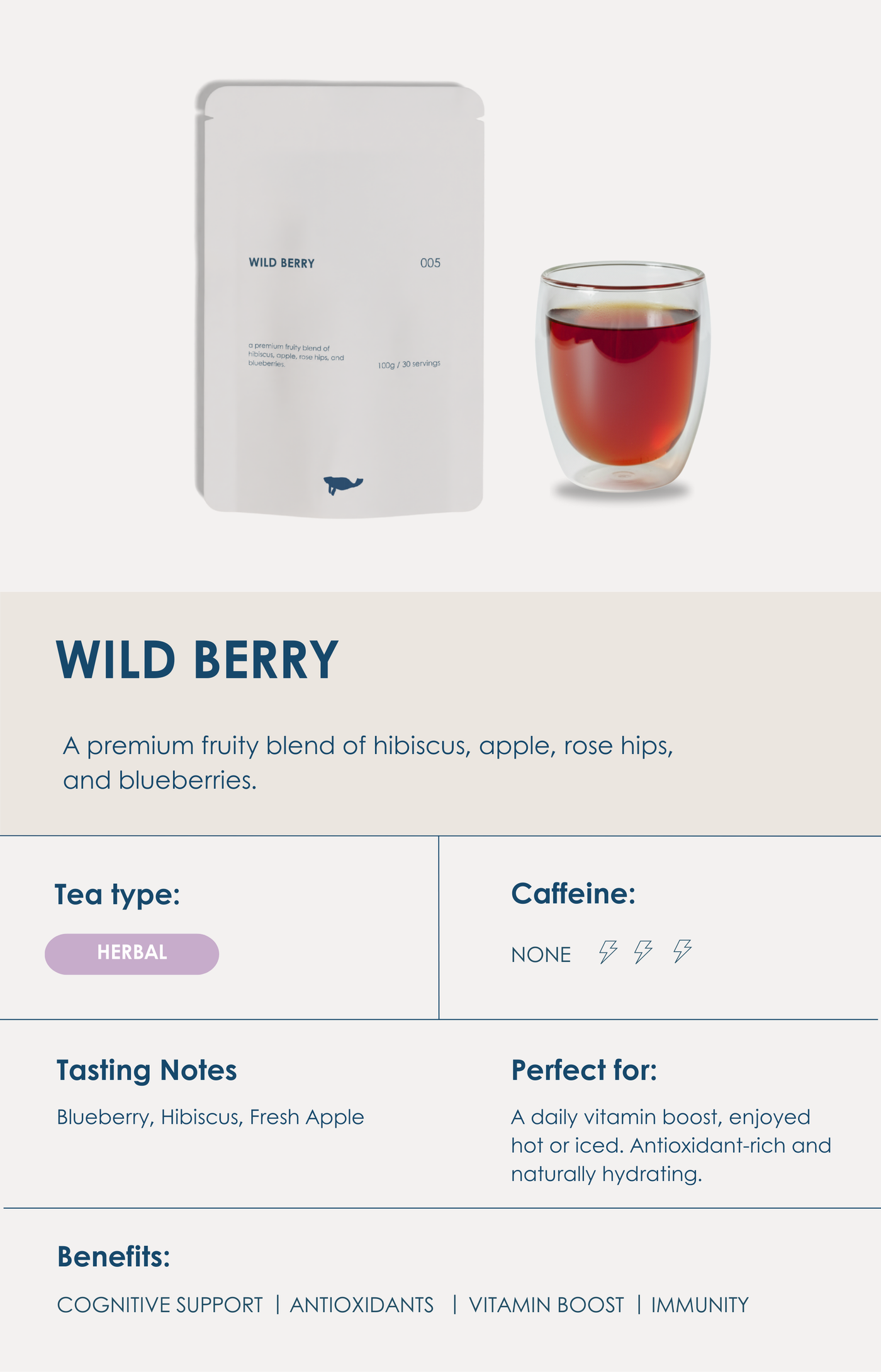 Marna Wild Berry loose-leaf fruit infusion with mixed berries.
