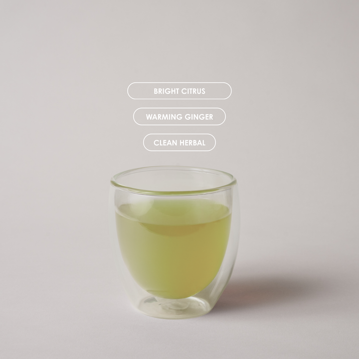 Glass of green tea with flavor descriptors on a light gray background
