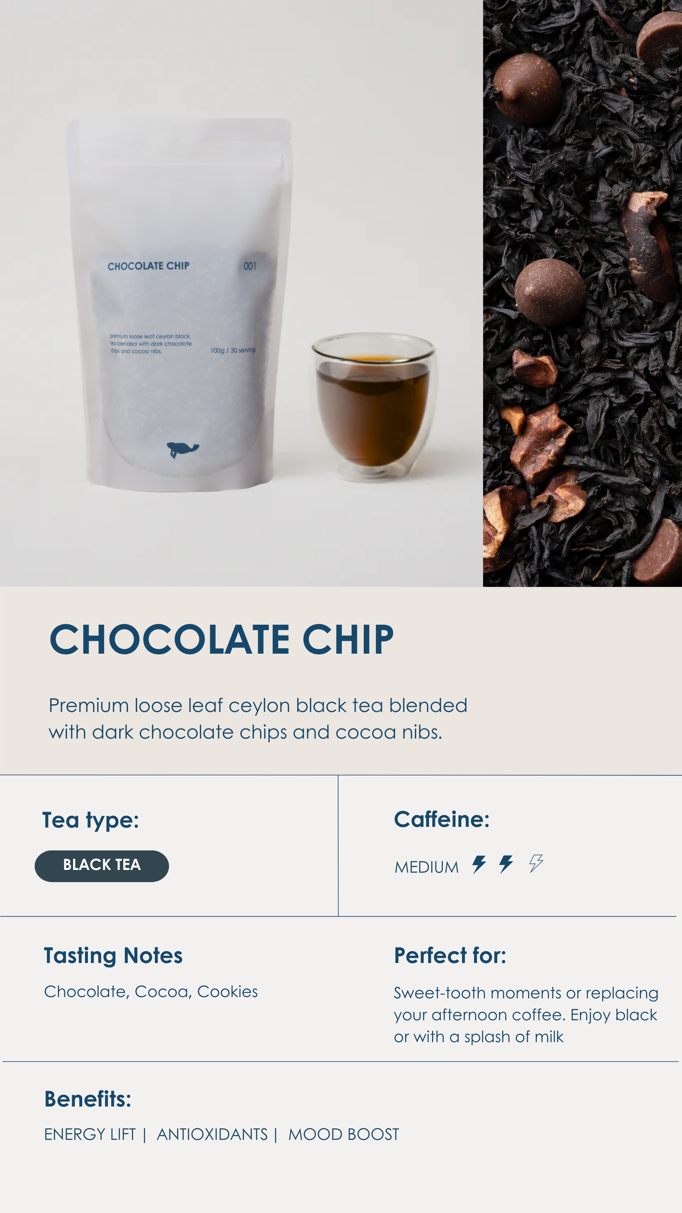 Marna Chocolate Chip loose-leaf blend with cocoa notes.