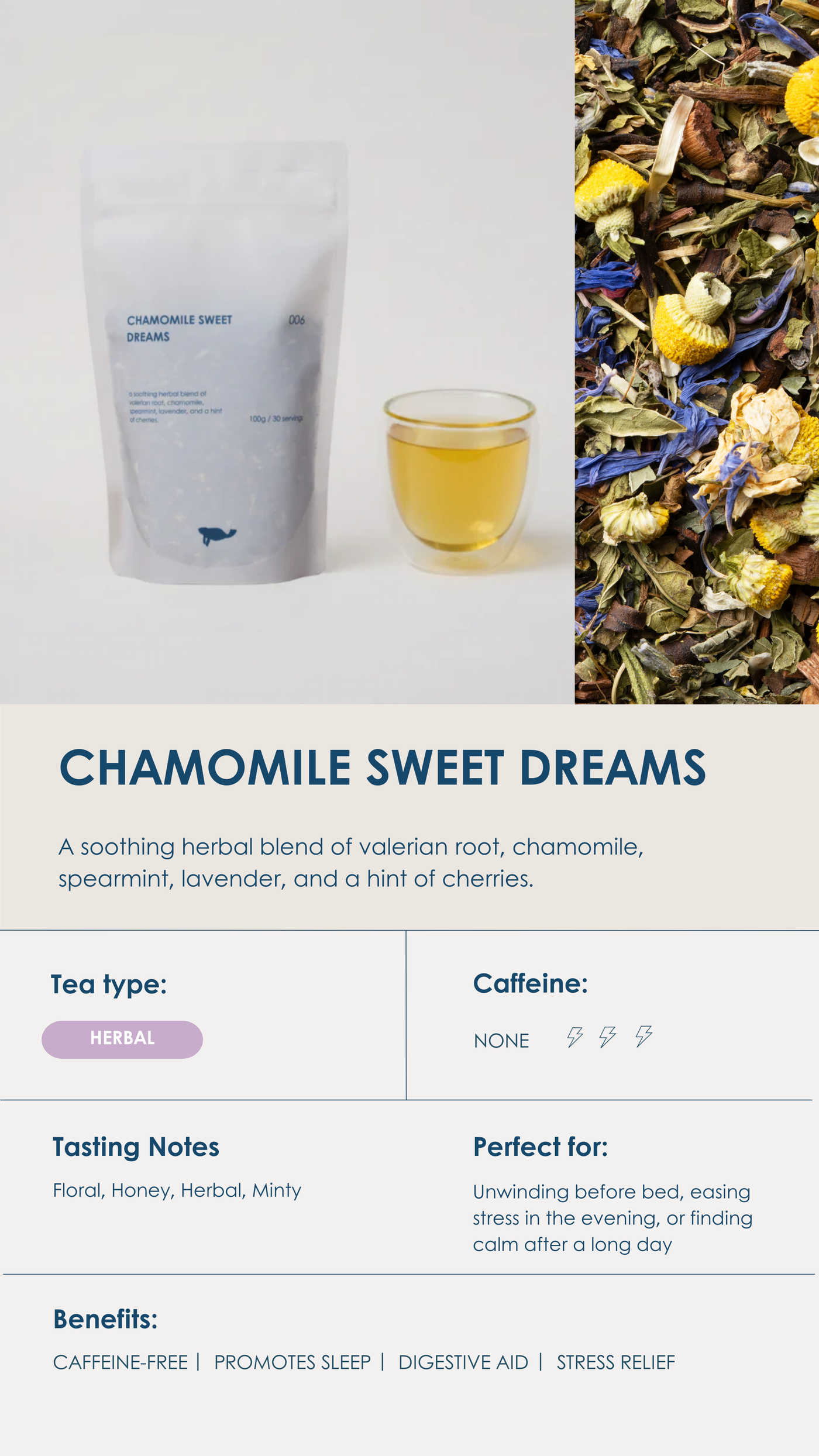 Marna Chamomile Sweet Dreams loose-leaf herbal tea for bedtime.