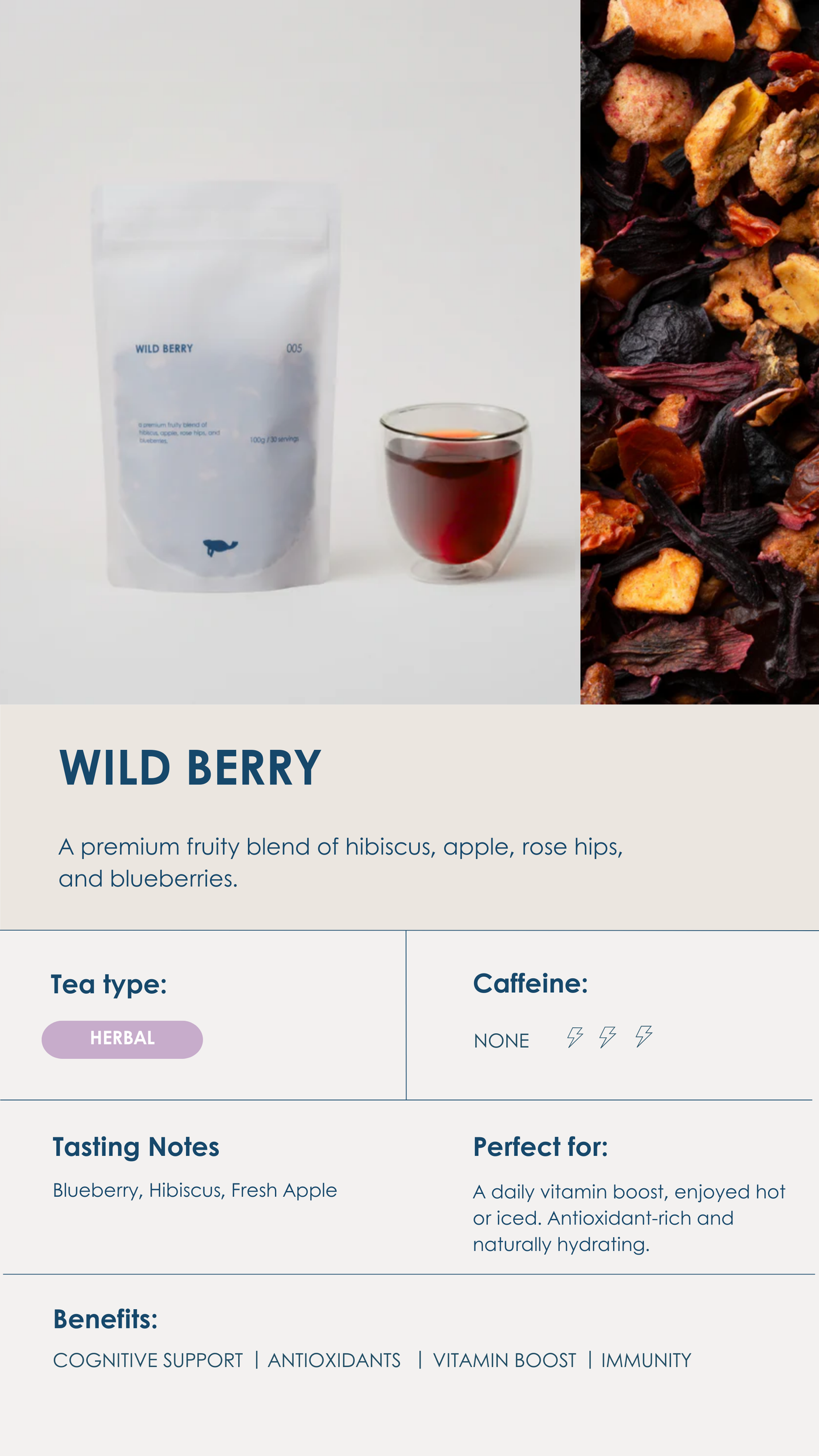 Marna Wild Berry loose-leaf fruit infusion with mixed berries.