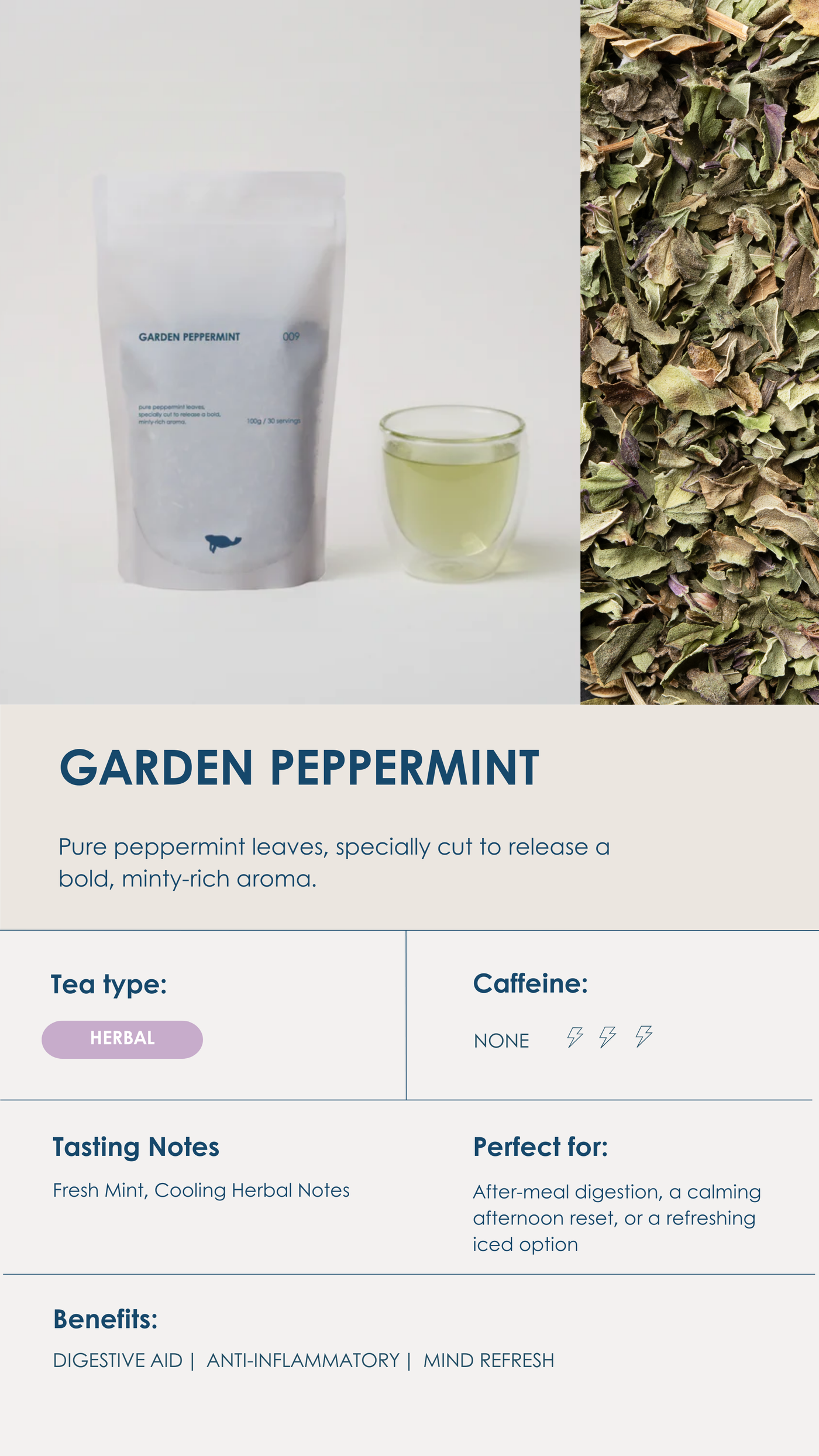 Marna Garden Peppermint loose-leaf peppermint herbal tea.
