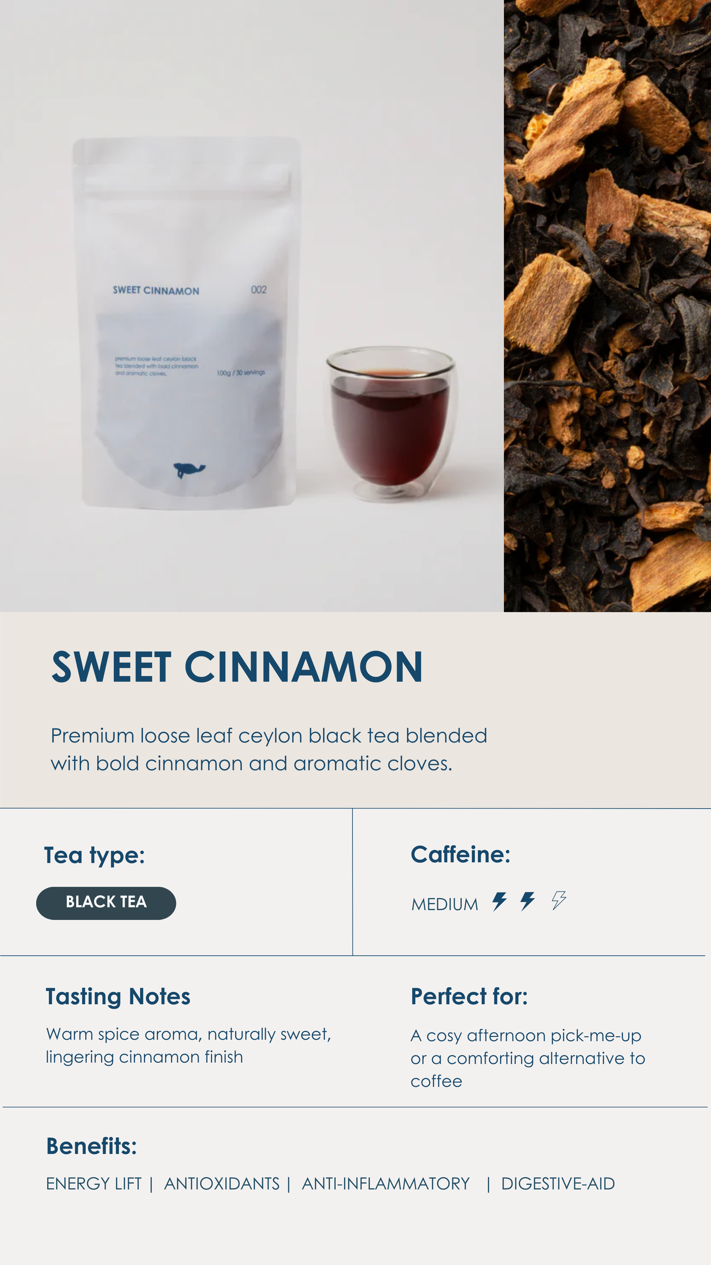 Marna Sweet Cinnamon loose-leaf tea blend with warm cinnamon.