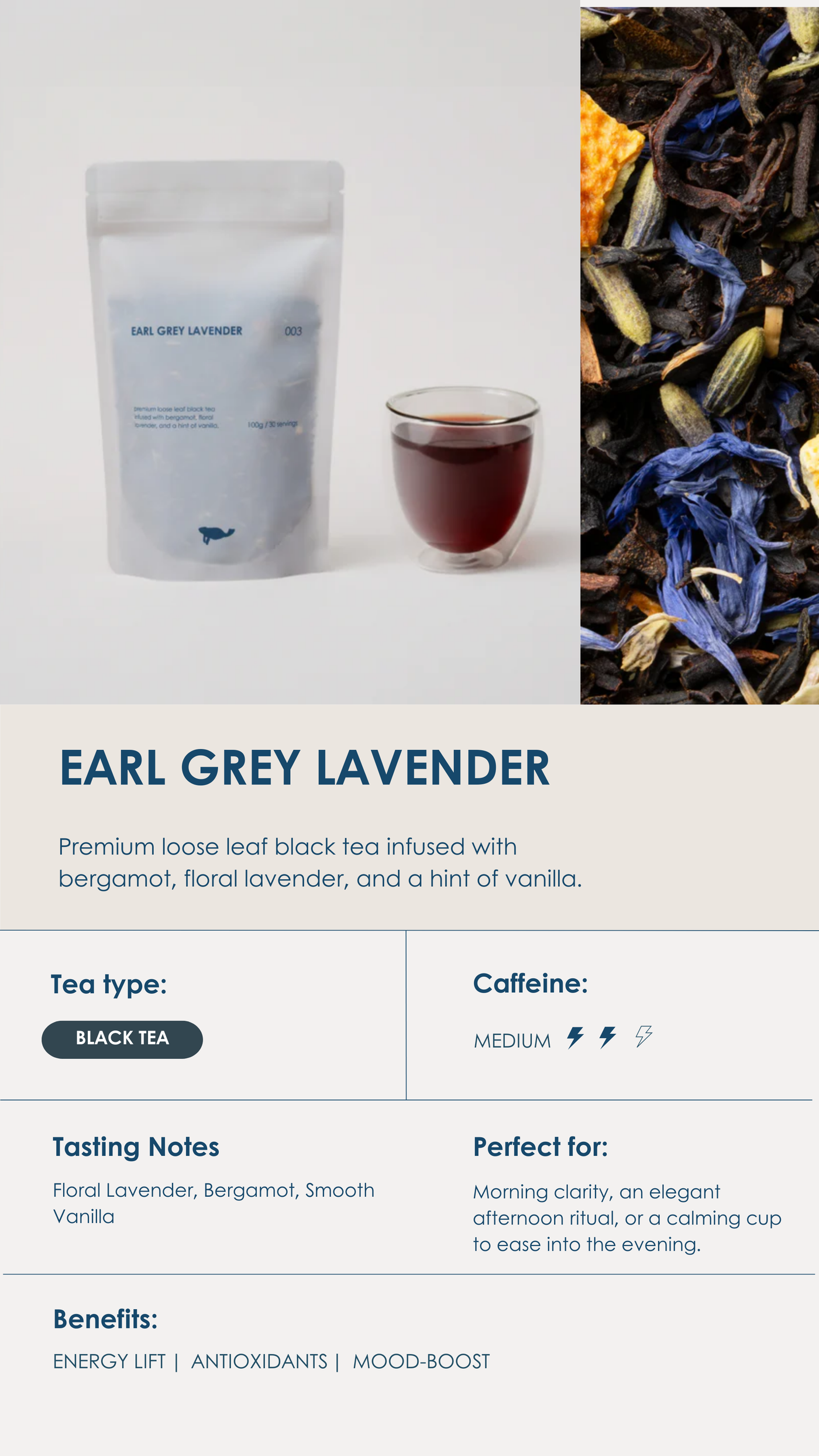 Marna Earl Grey Lavender loose-leaf black tea with bergamot and lavender.