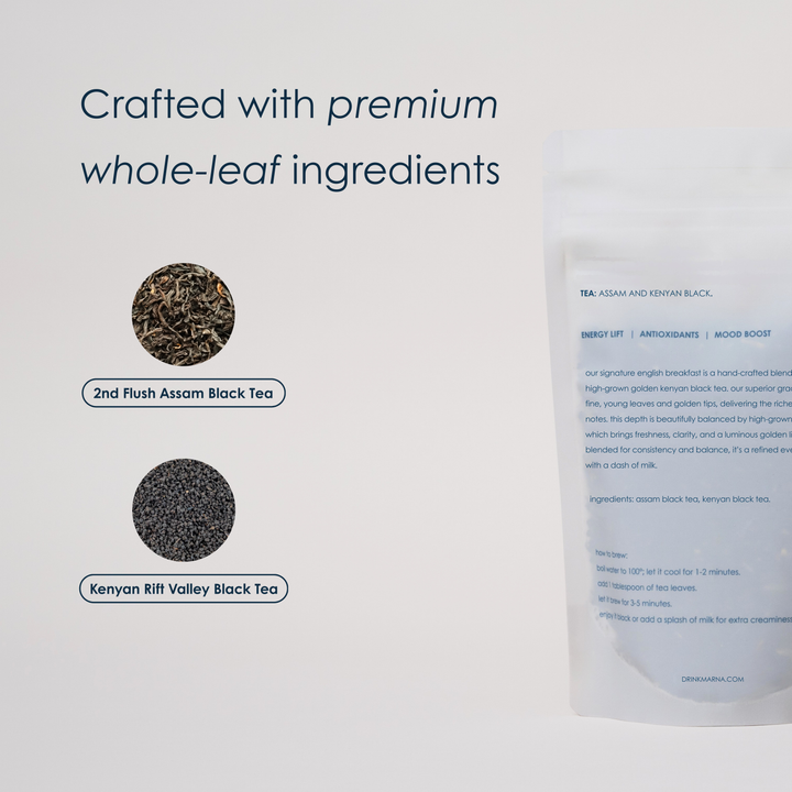 Tea packaging with text about premium whole-leaf ingredients and tea types.