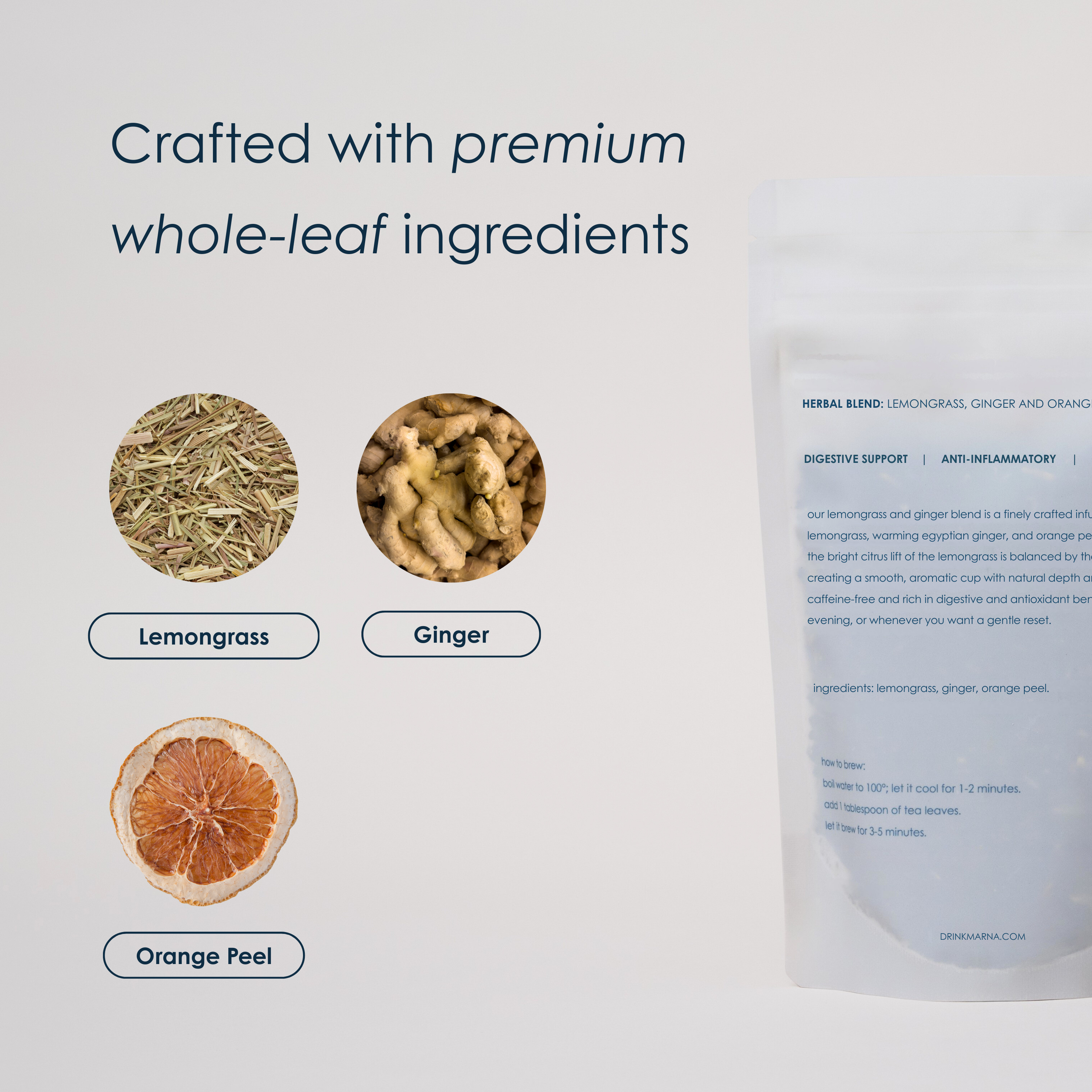 Herbal blend ingredients with lemongrass, ginger, and orange peel on a light gray background.